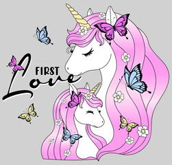 Wall Mural - cute unicorn graphic with flying butterflies 