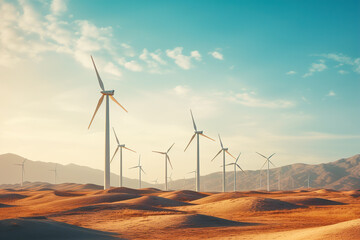 Wind turbines in the desert. Alternative energy source. 