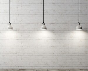 hanging white lamp with shadow on vintage white painted brick wall, background Created with Generative AI technology.