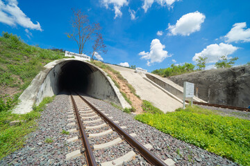 Thai local old classic train on railway tunnel, Thailand in public transportation concept in Saraburi .