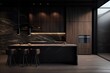 © mockupzord - This sleek, modern kitchen features a stunning marble countertop, surrounded by dark furniture and art on the walls, creating a luxurious and inviting atmosphere that is perfect for gathering around