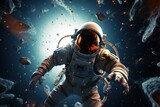 An astronaut wearing a protective helmet dives through a galaxy of asteroids, venturing into a mesmerizing underwater world