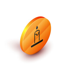 Wall Mural - Isometric Burning candle in candlestick icon isolated on white background. Cylindrical candle stick with burning flame. Orange circle button. Vector