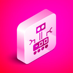 Poster - Isometric Robot icon isolated on pink background. Artificial intelligence, machine learning, cloud computing. Silver square button. Vector