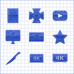 Sticker - Set Online play video, Laptop screen with 4k technology, , Hollywood walk of fame star on celebrity boulevard, Knife, Play and Scenario icon. Vector