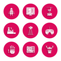 Poster - set antenna, drone delivery concept, remote control, mechanical robot hand, factory conveyor system 