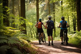 Fototapeta  - Cyclists on a woodland trail pausing to admire the view.