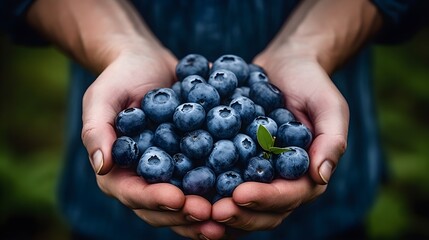 Wall Mural - Blueberries in hands, a farmer holding berries.