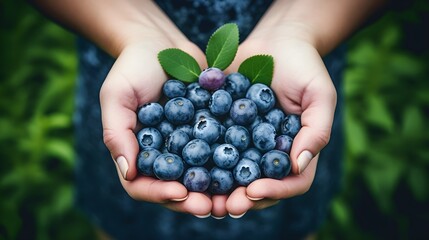 Wall Mural - Blueberries in hands, hands holding berries.