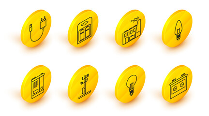 Sticker - Set line Car battery, Light bulb with concept of idea, High voltage power pole line, Coal plant and factory, Battery pack and Charger icon. Vector