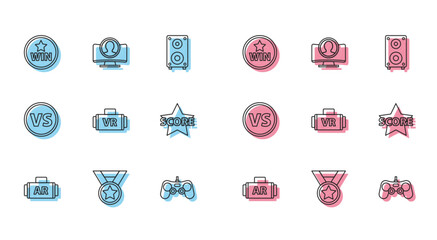 Sticker - Set line Ar, augmented reality, Medal, Gamepad, Virtual glasses, Star, VS Versus battle and Create account screen icon. Vector