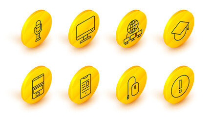 Poster - Set line Information, Computer mouse, Online book mobile, Laptop, Graduation cap globe, network, monitor screen and Microphone icon. Vector