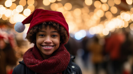 teenager or child, a girl smiling happy and content, wearing santa claus bobble hat, red winter scarf and thick winter jacket, outside at a christmas market or city life