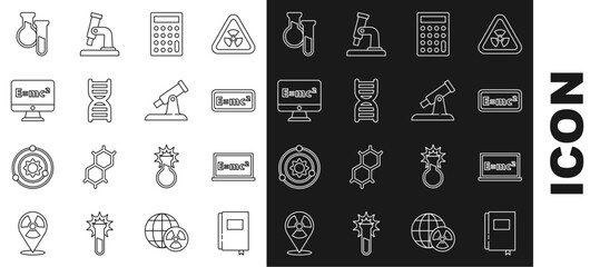 Sticker - Set line Book, Equation solution, Calculator, DNA symbol, Test tube and flask and Telescope icon. Vector