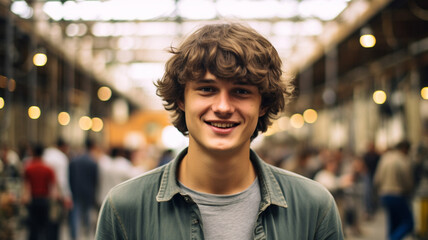 young adult man wearing shirt and shirt, summery, outside among many restaurants and people ,corwd busy, going out to eat and everyday life in city life or in holiday resort