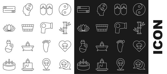 Poster - Set line Massage, Bamboo, Flip flops, Sauna bucket, Lotus flower, Towel stack and Hair dryer icon. Vector