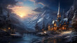 A picturesque church nestled in a snowy valley, its bell tower adorned with twinkling lights, creating a magical scene.  