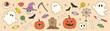 Happy Halloween day 70s groovy vector. Collection of ghost characters, doodle smile face, zombie, bat, pumpkin, candy, skull, knife, grave. Cute retro groovy hippie design for decorative, sticker