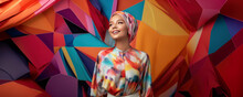 Modern Colorful Stylish Outfit Photoshoot Of A Muslim Hijab Woman In Dynamic Shot Happy And Positive For Modest Trendy Arab Women Fashion As Wide Banner With Copysapce Area - Generative AI
