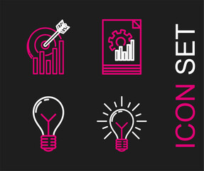 Fototapete - Set line Light bulb with rays shine and concept of idea, Document graph chart and Target icon. Vector