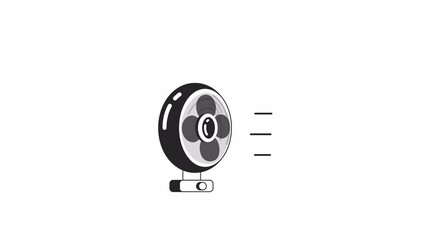 Poster - Ventilator fan blowing bw 2D object animation. Appliance for hot weather relief outline cartoon 4K video, alpha channel. Summertime device cooling off animated icon isolated on white background