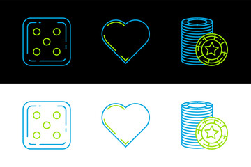 Sticker - Set line Casino chips, Game dice and Playing card with heart symbol icon. Vector