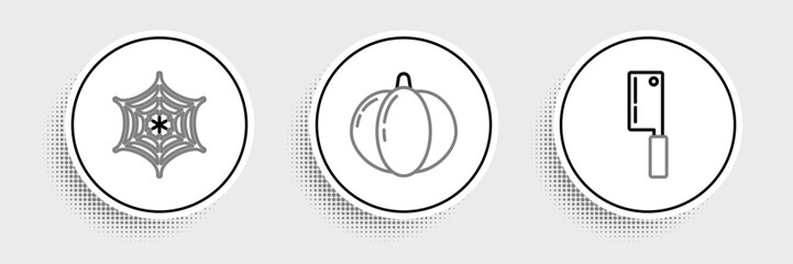 Wall Mural - Set line Meat chopper, Spider web and Pumpkin icon. Vector