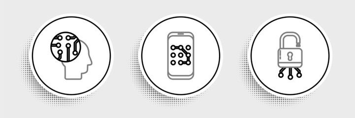 Poster - Set line Lock on digital circuit board, Human brain as and Mobile and graphic password protection icon. Vector