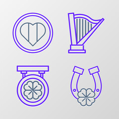 Sticker - Set line Horseshoe with four leaf clover, Street signboard, Harp and Heart and Happy Saint Patrick day icon. Vector