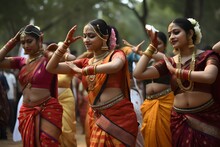 Dancing, Indian Women Dressed In Saris, Festive, Cultural Show, India.