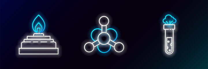 Poster - Set line Test tube and flask chemical, Alcohol or spirit burner and Bacteria icon. Glowing neon. Vector
