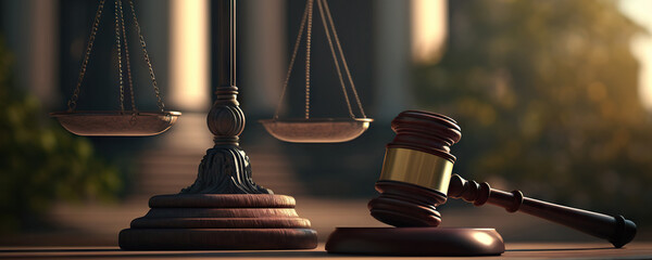 Sticker - Judicial Gavel and Scales of Justice on background of Court Hall