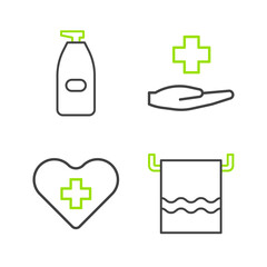 Wall Mural - Set line Towel on a hanger, Heart with cross, Cross hospital medical and Bottle of liquid antibacterial soap icon. Vector