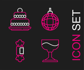 Sticker - Set line Cocktail, Candy, Disco ball and Cake icon. Vector