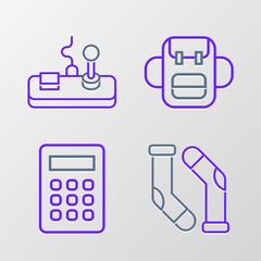 Poster - Set line Socks, Calculator, School backpack and Gamepad icon. Vector