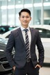 © yj - 깔끔하고 세련된 고급 승용차 판매 매장에서 자신감 넘치는 자세로 포즈를 취하고 있는 탄탄한 몸매와 단정한 인상을 가진 젊은 한국인 자동차 세일즈맨
