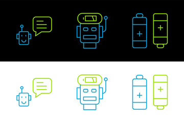 Poster - Set line Battery, Bot and Robot low battery charge icon. Vector