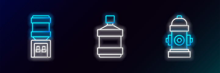 Wall Mural - Set line Fire hydrant, Water cooler and Big bottle with clean water icon. Glowing neon. Vector