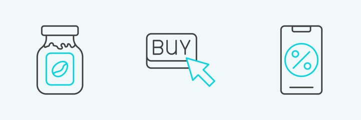 Poster - Set line Percent discount and mobile, Coffee jar bottle and Buy button icon. Vector