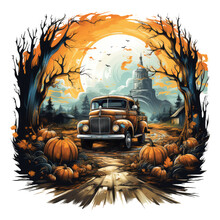 An Autumn Pumpkin Truck T-shirt Design Showcasing A Pumpkin Truck Parked Under A Moonlit Sky In A Remote Countryside, Generative Ai