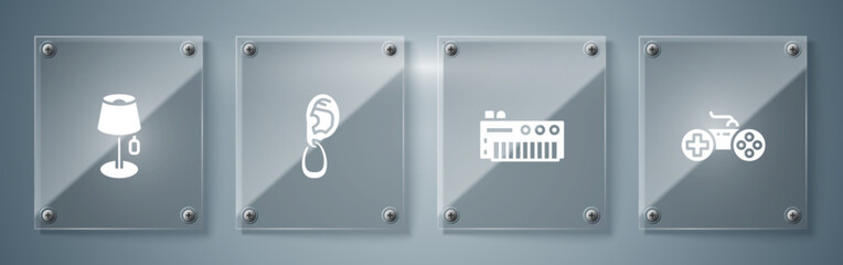 Poster - Set Gamepad, Music synthesizer, Ear with earring and Floor lamp. Square glass panels. Vector
