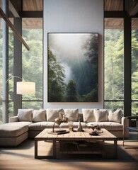 A cozy den illuminated by the warm light of the window, inviting with its comfortable furniture, walls adorned with a stunning picture of a lush forest, and a thoughtfully designed floor, creates a p