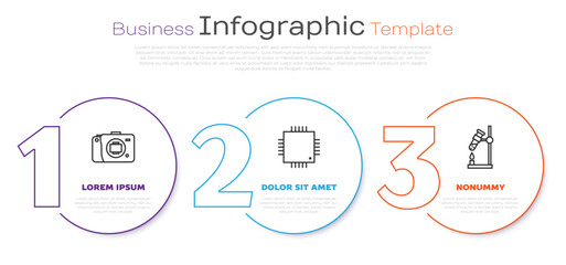 Poster - Set line Mirrorless camera, Processor with microcircuits CPU and Test tube flask on fire. Business infographic template. Vector