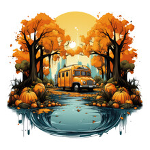 An Autumn Pumpkin Truck T-shirt Design Showcasing A Pumpkin Truck Parked Near A Tranquil Pond, Surrounded By Weeping Willow Trees With Golden Leaves, Generative Ai