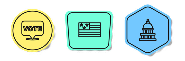 Sticker - Set line Vote, American flag and White House. Colored shapes. Vector