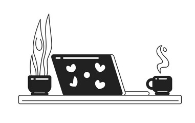 Poster - Cozy workplace monochrome flat vector object. Laptop, houseplant and coffee cup. Home office. Editable black and white thin line icon. Simple cartoon clip art spot illustration for web graphic design
