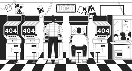 Poster - man playing arcade black white error 404 flash message. video gaming machine. monochrome website lan