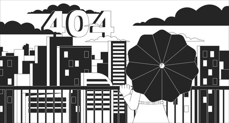 Poster - looking on city from terrace black white error 404 flash message. woman under umbrella. monochrome w