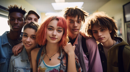 non binary group of teens friends in school, generative ai