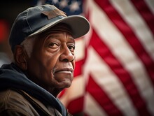 A Veteran's Gaze Meets A Waving United States Flag, A Connection To Memories
